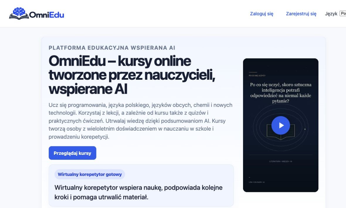 Strona główna OmniEdu z opisem platformy i przejściem do kursów